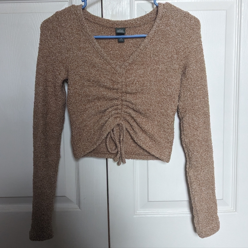 fuzzy brown cinch cropped long-sleeve
